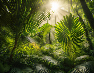 Obraz premium jungle foliage in the sunlight filtering through dappled light overgrown jungle greenery