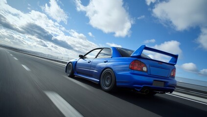A blue sports car speeds along a wide highway, showcasing its sleek design and powerful rear wing. The setting features a vibrant blue sky and scattered clouds, emphasizing the thrill of driving