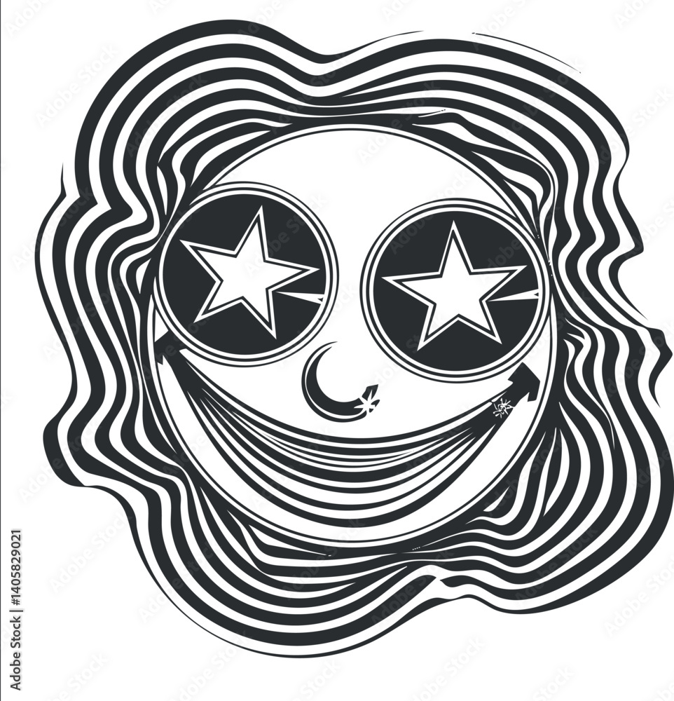 Poster a playful abstract illustration of a smiling face with star-shaped eyes and wavy patterns.