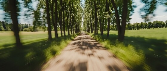 A dirt road stretches through a tunnel of green trees in blurred motion.