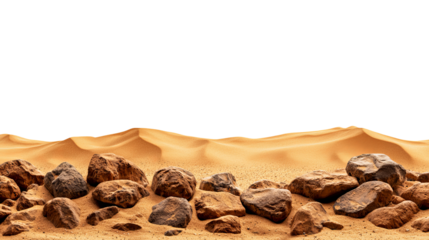 PNG of A serene desert landscape featuring golden sand dunes and scattered rocky formations under a clear sky.