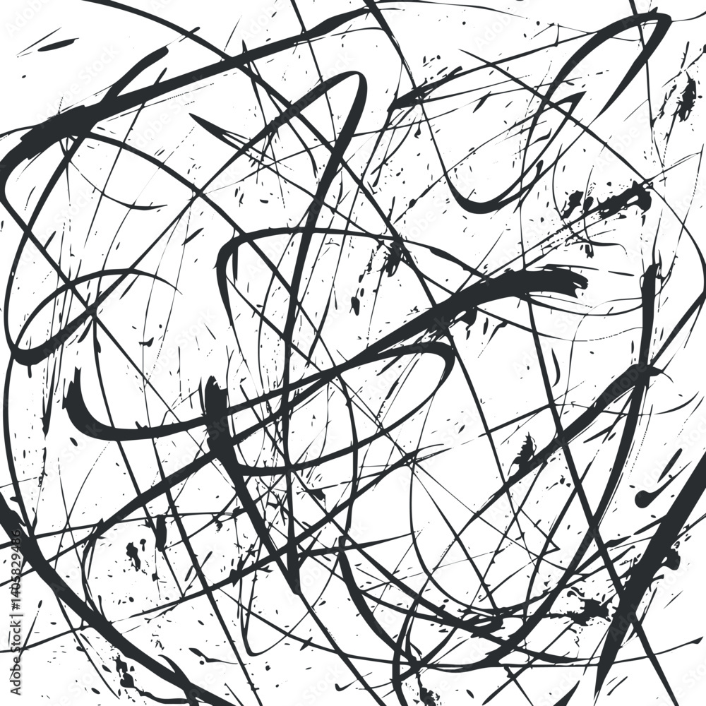 Poster an abstract black and white design featuring chaotic splatters and dynamic lines on a white backgrou