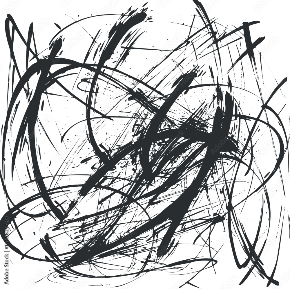 Poster abstract black lines and brushstrokes creating a chaotic and dynamic artistic design.