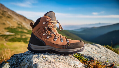 stylish hiking boot featuring a mountain logo symbolizing exploration and adventure in the great outdoors