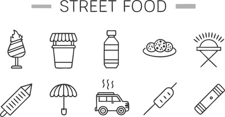 Fototapeta premium Street Food Icons Vendor Cart, Drinks, Snacks, and More