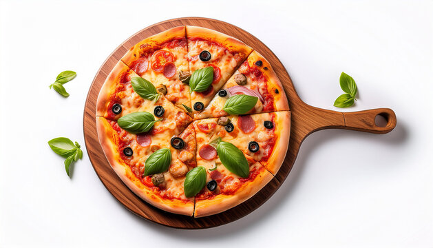 italian pizza on wooden pizza board isolated on white background flat lay top view shot