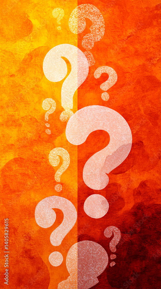 Poster orange textured background with multiple off-white question marks, suggesting uncertainty, inquiry, 