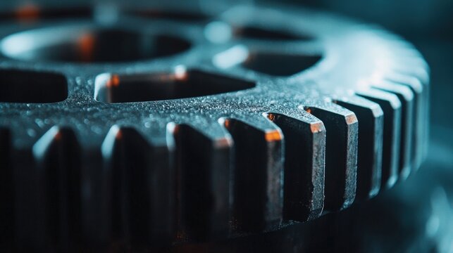 A cinematic macro shot of a large gear finely machined teeth, showing high-quality craftsmanship and engineering excellence, with copy space