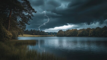 A Stormy Lake Scene with Lightning and Dark Clouds Above the Water