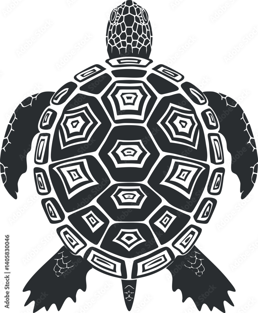 Poster stylized black and white illustration of a turtle with intricate shell patterns.