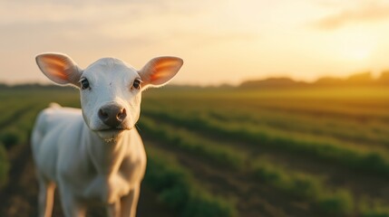 Obraz premium Adorable White Calf in Golden Sunset Meadow Rural Farm Animal Portrait