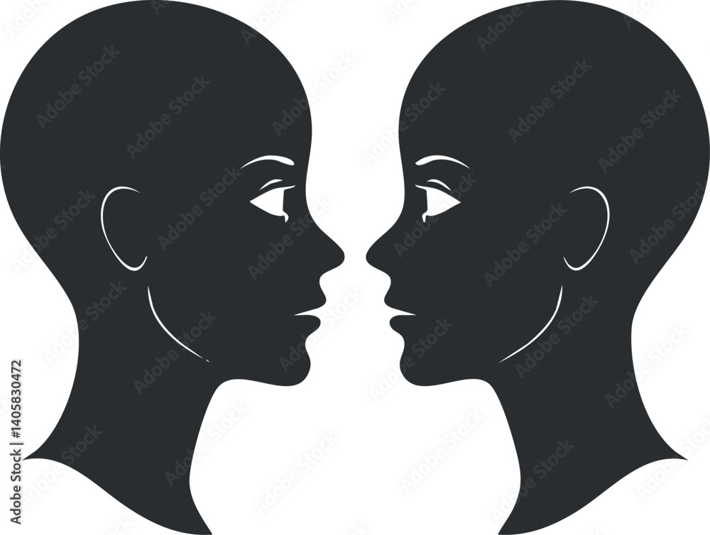 Poster two silhouetted faces in profile view representing connection and dialogue in a minimalist design.