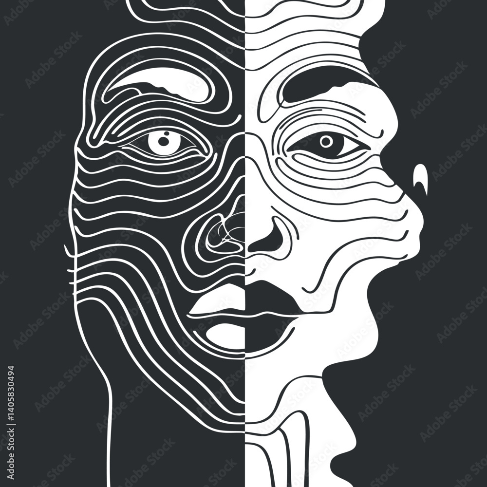 Poster an abstract black and white illustration of a symmetrical face with flowing line patterns.