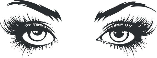 Fototapeta premium Stylized illustration of beautiful eyes with long eyelashes and an expressive gaze in black and white.