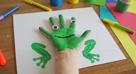Hand-painted frog craft with colorful art supplies  