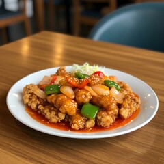 Fototapeta premium Chinese-style crispy pork in glossy sweet and sour sauce — Tang Cu Li Ji (Sweet and Sour Pork)