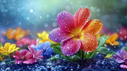 Rainbow flower shining in morning rain Generative AI
