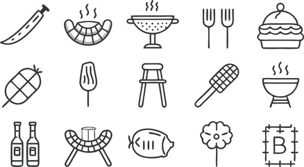 Barbecue Icons Grill, Food, Utensils, and Drinks Set