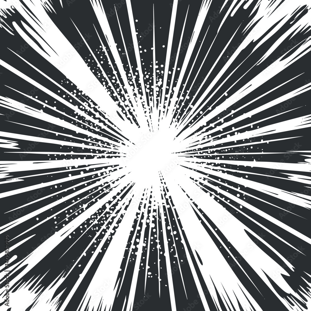 Poster a dynamic burst of white lines radiating from a central point on a black background.