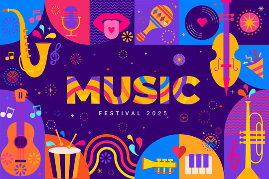 Summer music festival. Musical fest party,concept of live music festival, jazz and rock event.Music poster with instrument. Template for banner, flyer,invitation, card, social media post, cover.Vector