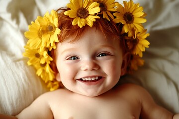 Early sunshine. Happy sunny days holidays visual idea. Happy caucasian infant boy with red hair wearing yellow flower circlet on his head. Happy childhood memories in summer.
