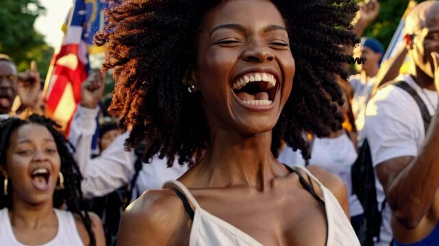 Joyful celebration video with a close-up, low-angle shot of a woman laughing amidst a lively crowd, capturing a vibrant, energetic atmosphere.