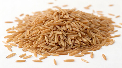 Obraz premium A collection of light brown, raw rice grains is piled in the center and dispersed on a white background, ready for cooking.