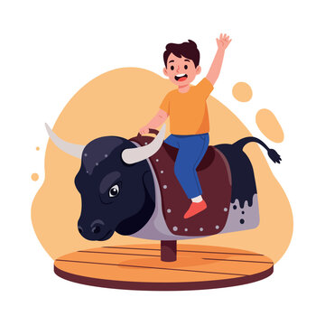 A joyful boy riding a mechanical bull in a playful setting, showcasing bright colors and a fun atmosphere in flat vector illustration
