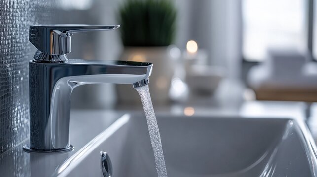 Modern chrome faucet with running water in sleek bathroom interior. Water Saving Week