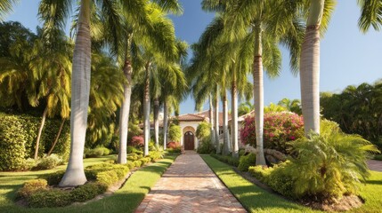 Obraz premium Luxury home, palm trees, beautiful garden, blue sky. Brick walkway leads to mansion entrance. Rich neighborhood in Florida. 