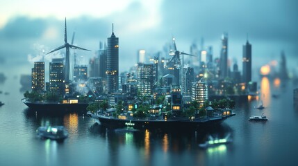 Obraz premium Futuristic Island Cityscapes: A Vision of Sustainable Urban Living