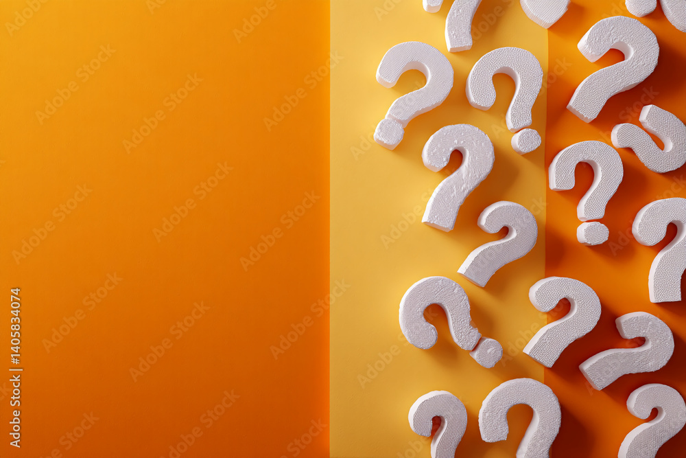 Poster White question marks on orange and yellow background creating vibrant and inquisitive scene symbolizing questions, queries and uncertainty, perfect for FAQ pages or problem-solving concept. Free space