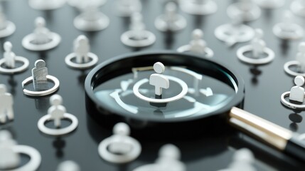 Magnifying glass focuses on manager icon surrounded by staff icons. Modern tech recruitment concept. Diverse staff members connected in network. HR management 