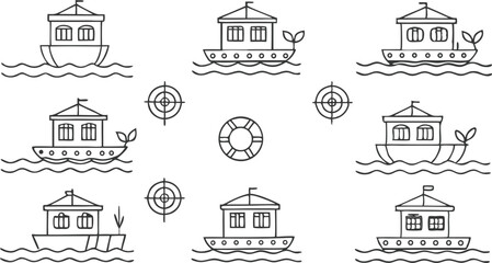 Floating Houseboats, Targets, Life Ring Nautical Line Art