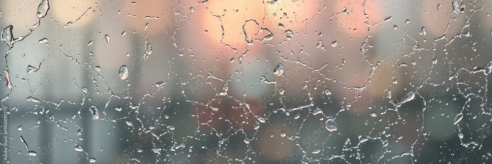 Poster a close up view of a window covered in water droplets with a blurred background behind the glass