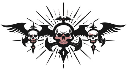 Gothic Skull Tattoo Design with Wings, Crosses, and Rays in Dark Vector Style