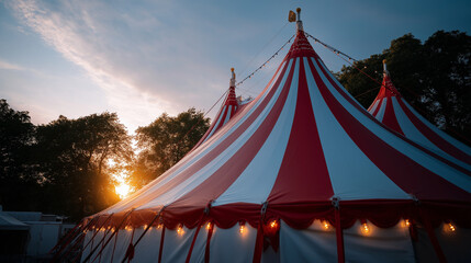 Circus tent glowing in golden hour light for community benefit