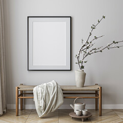 Frame mockup, ISO A paper size. Living room wall poster mockup. Interior mockup with house background. Modern interior design. 3D render
