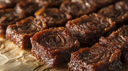 Fototapeta premium Close-up view of thick-cut beef jerky layered on parchment sheet with rich texture