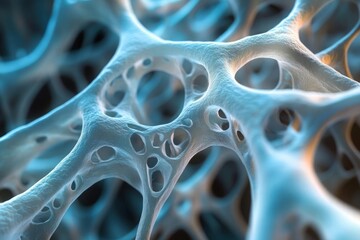 Close-up microscopic view of a three-dimensional trabecular bone structure. Pale blue and white hues dominate, highlighting the porous, interconnected network of bone tissue.