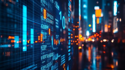 Obraz premium Futuristic Cityscape with Digital Stock Market Display, A futuristic cityscape at night with digital stock market data displayed on a glass wall