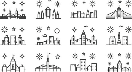 Cityscape Line Art Bridges, Skylines, Sun, Stars, Icons