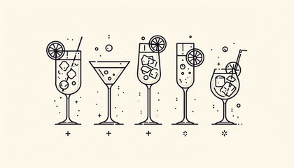 cocktail icons set bundle, white light yellow background, set of silhouette cocktails for menu bar restaurant icons, margarita, martini, gin tonic, mojito, whiskey on rocks, old fashioned, garnish
