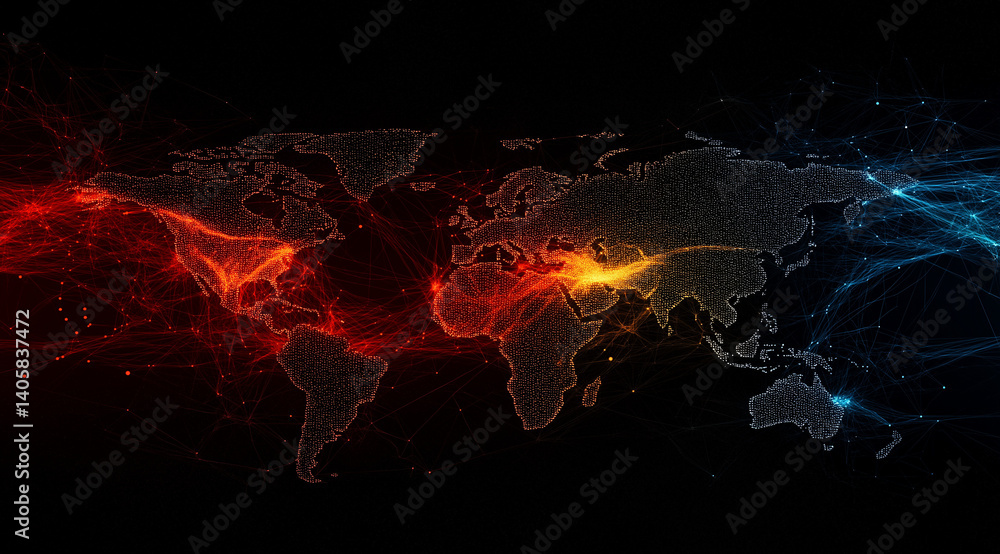 Poster a world map on a dark background with images of light communication lines and data lines