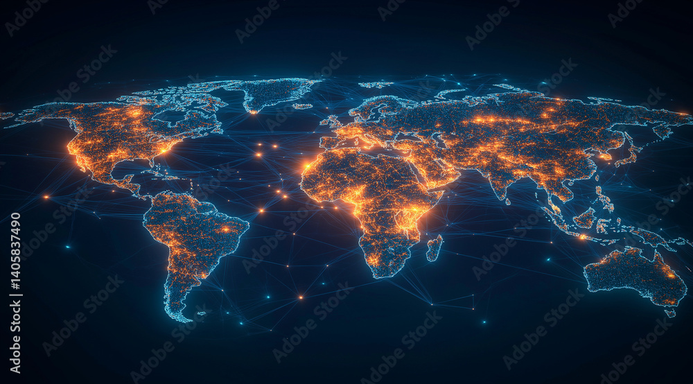 Poster a world map on a dark background with images of light communication lines and data lines