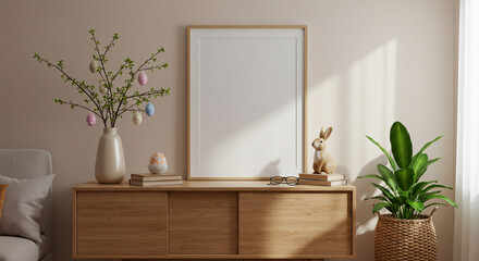 A serene Easter living room scene featuring pastel eggs adorning a blossoming branch, a charming bunny figurine, and a minimalist wooden console bathed in soft sunlight.