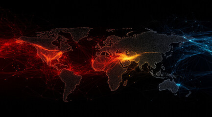 a world map on a dark background with images of light communication lines and data lines