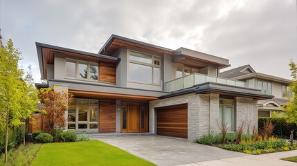 Modern luxury house in Vancouver. Exterior features include large windows, green lawn, rich garden, sky. Residential property with contemporary architecture, curb appeal. 