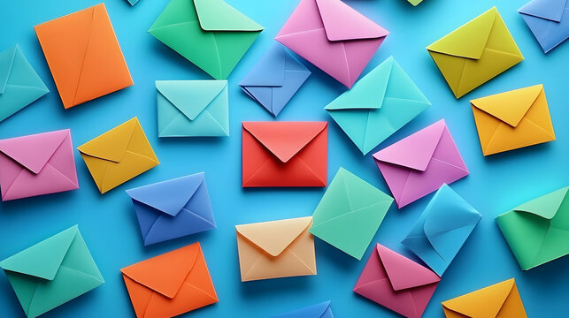 Vibrant colorful envelopes and letters scattered on a bright blue background with a subtle texture, symbolizing global connection and friendship on National Pen Pal Day.