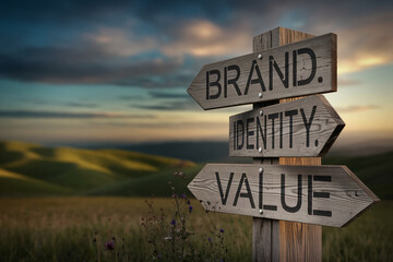 Obraz premium Wooden signpost with brand, identity, value directions against a blurred landscape sunset background, showcasing business direction and strategic choices